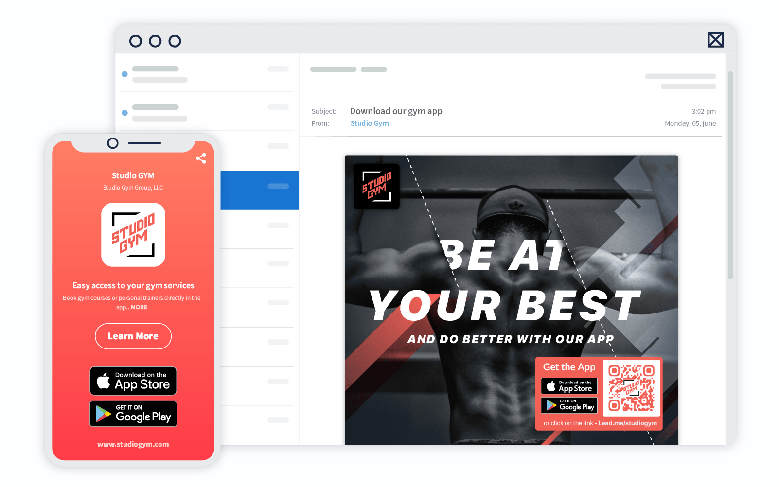 A gym using QR Codes in their email and a mobile phone showing an app download prompt for the gym 