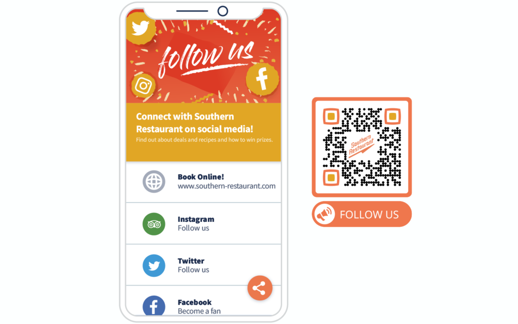 Social Media QR Code example and its landing page from QR Code Generator PRO