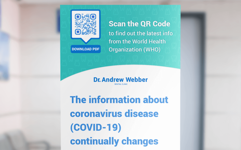 A poster at a clinic with a QR Code that redirects users to COVID-19 information online