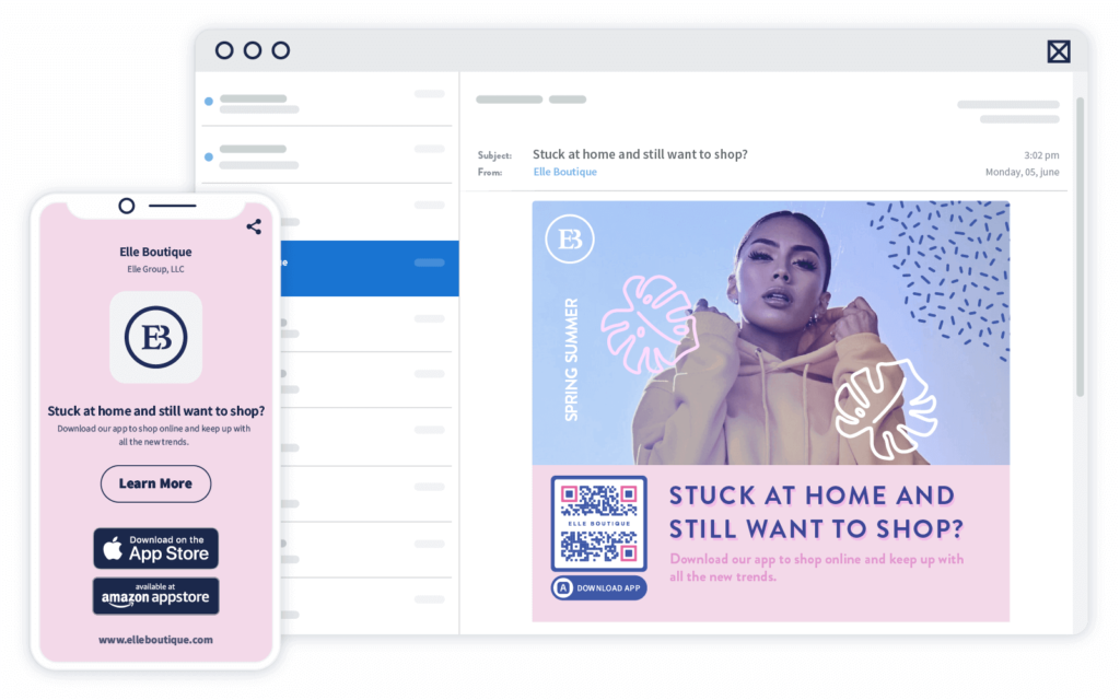 A retailer promotes mobile shopping using an App Store QR Code sent in email marketing campaigns