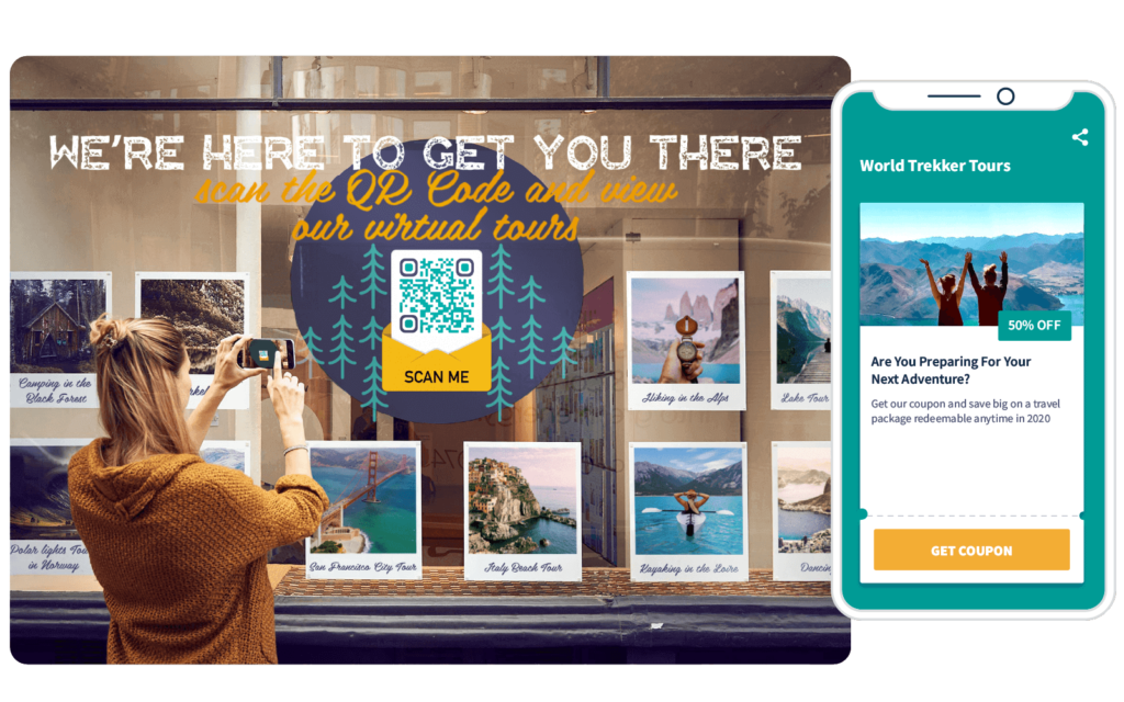 A travel agency promotes virtual tours to encourage users to download coupons by scanning a QR Code