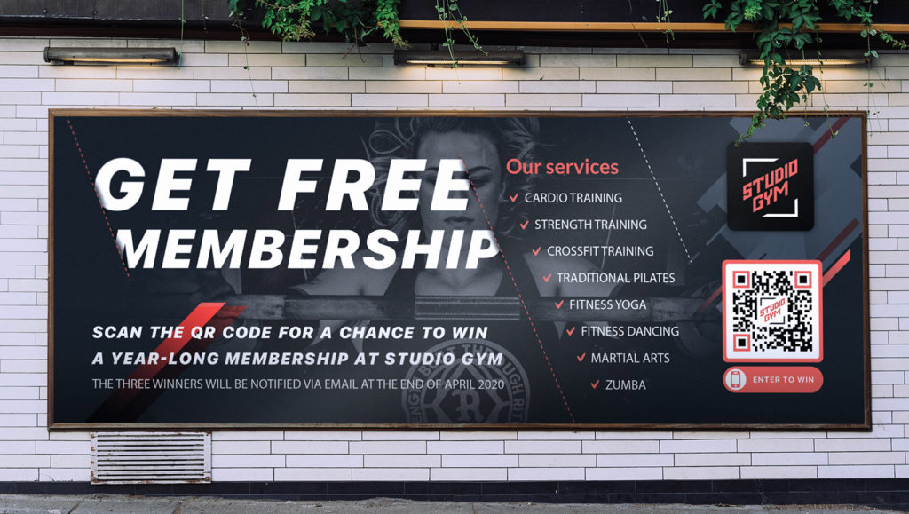 An example of a billboard ad with a QR Code promoting a giveaway contest for a gym subscription