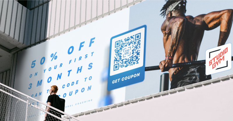 A QR Code on a billboard ad promotes digital coupons