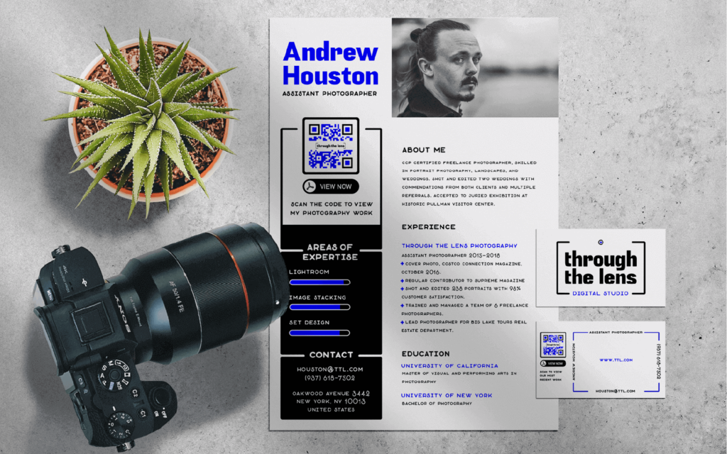 A PDF QR Code on a photographer's resume and business card leading to his portfolio.