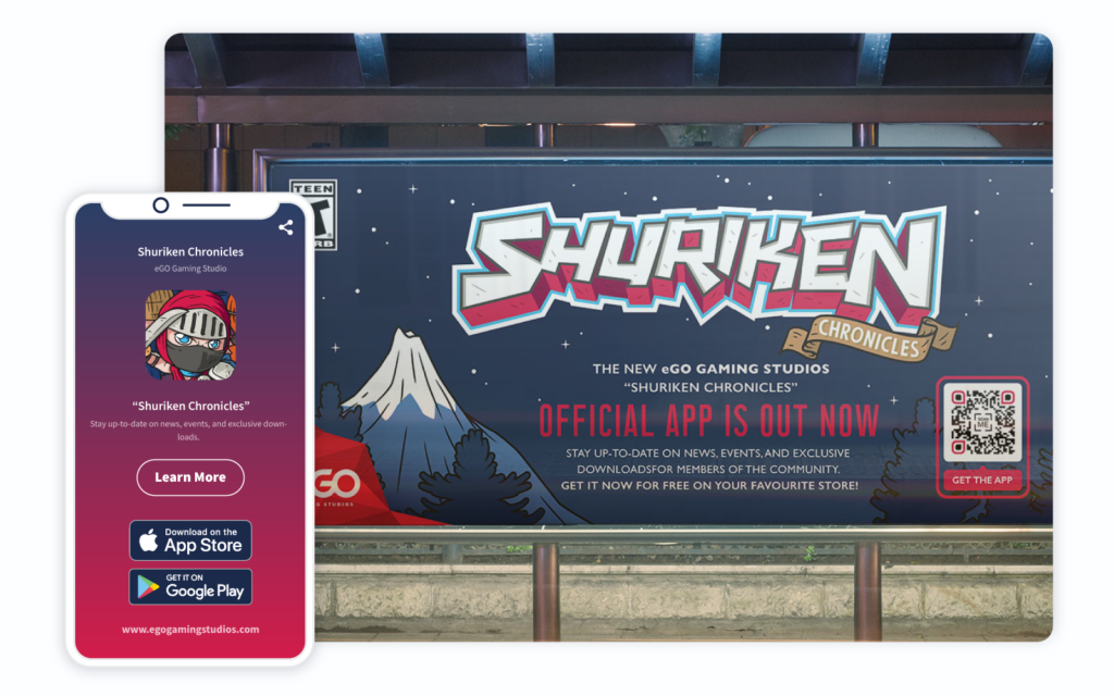 QR Code on a billboard advertising a mobile gaming app.