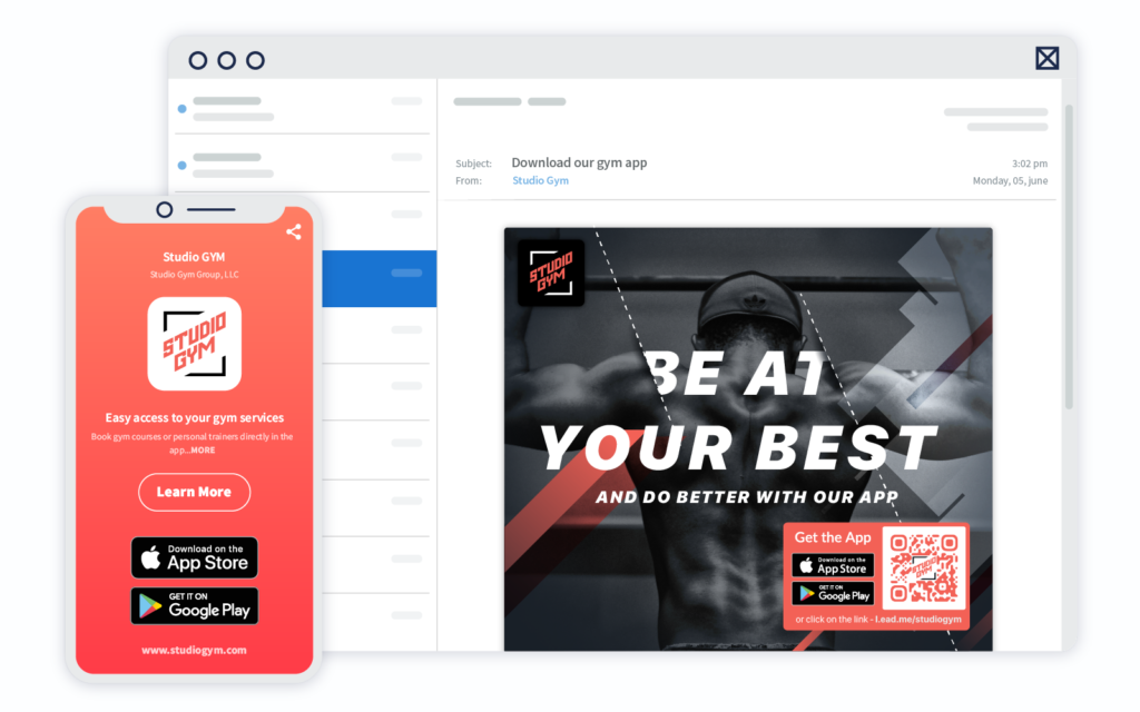 A gym studio newsletter advertising their new app with a QR Code