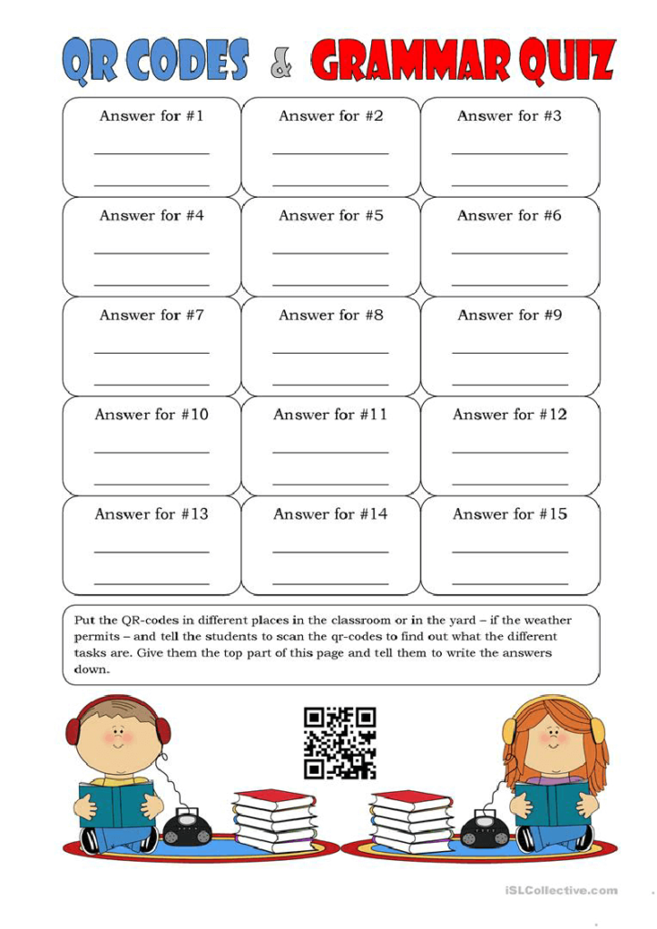 A classroom quiz worksheet with a QR Code linking to answer keys.