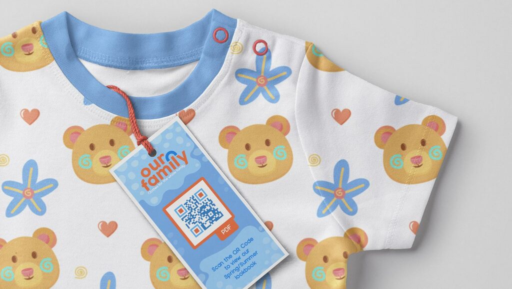 PDF QR Code on a clothing tag prompts people to scan to view their Spring/Summer lookbook