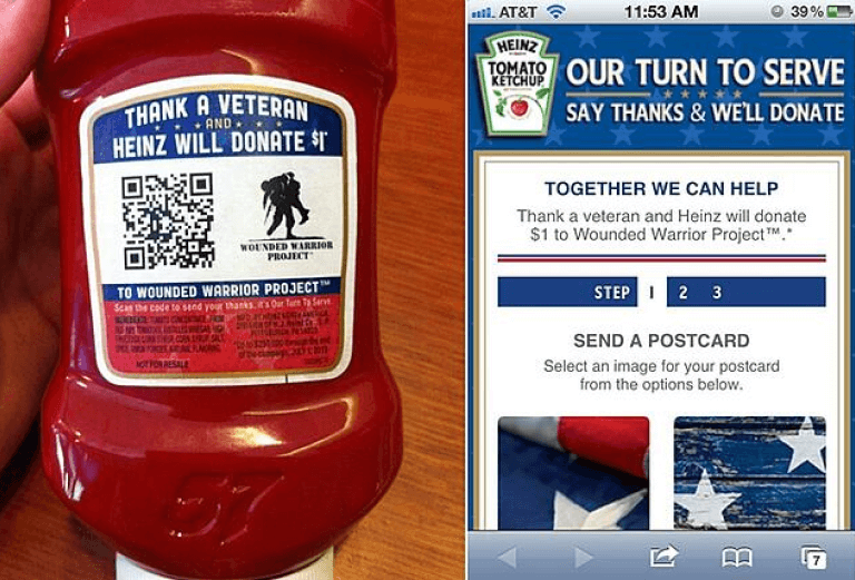 QR Code on Heinz tomato ketchup bottle promotes donations to the Wounded Warrior Project.